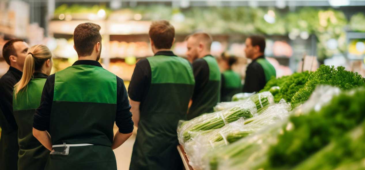 Group of store employees gathered for a team meeting.